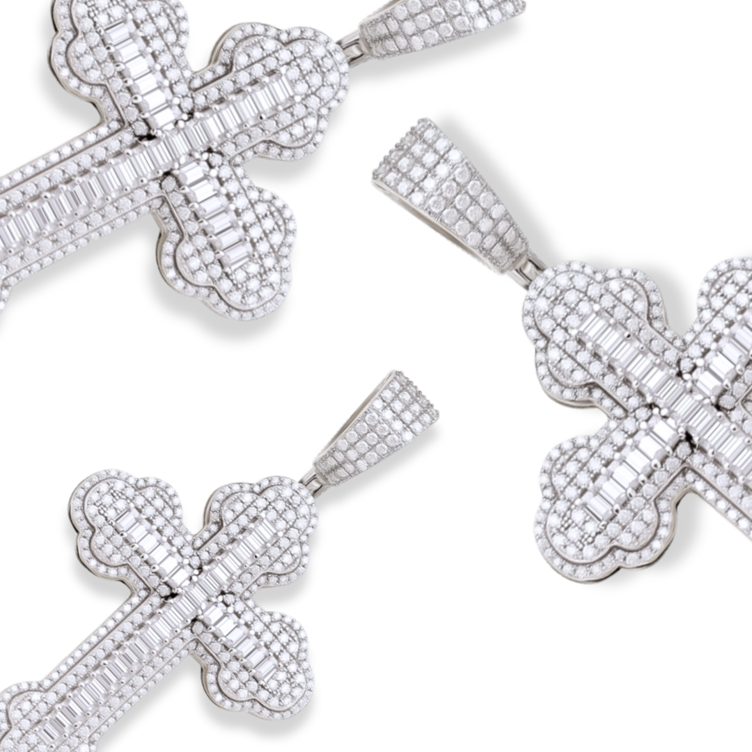 Moissanite Cross Pendant – 925 Silver Iced Baguette Jewelry
