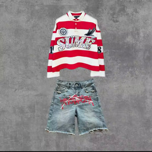 2 Pcs Shirts Co-ords Sume Rugby Diamond Embroidery Stripe Polo Shirt Y2K Retro Classic Unisex Oversized Long Sleeved Shirts Sets