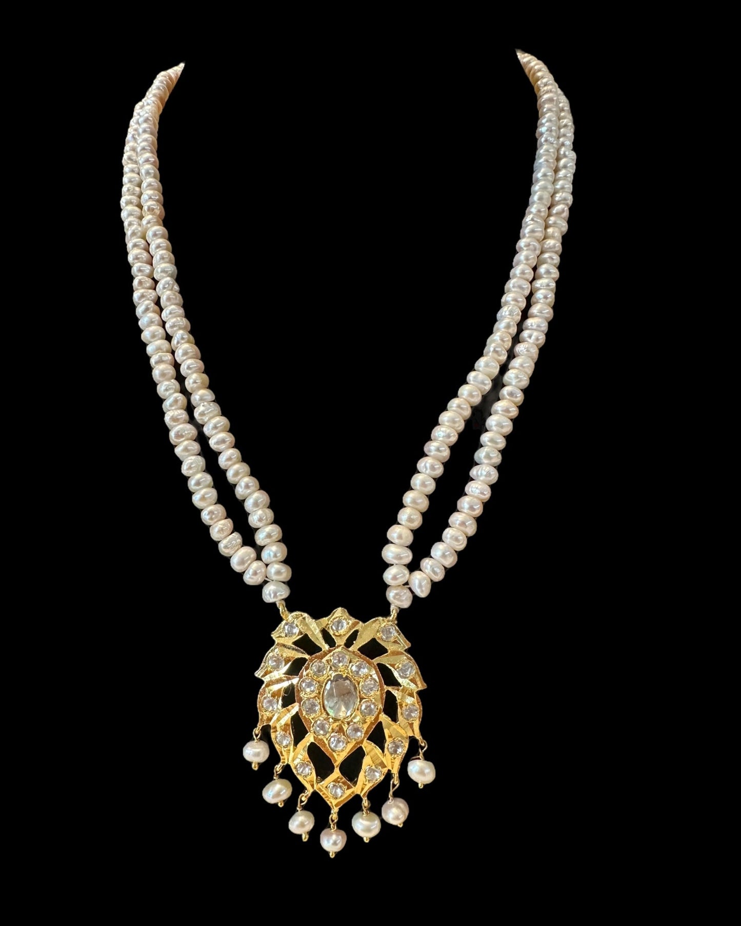 PS564 Aurora gold plated pendant set in moissanite and fresh water pearls ( READY TO SHIP )