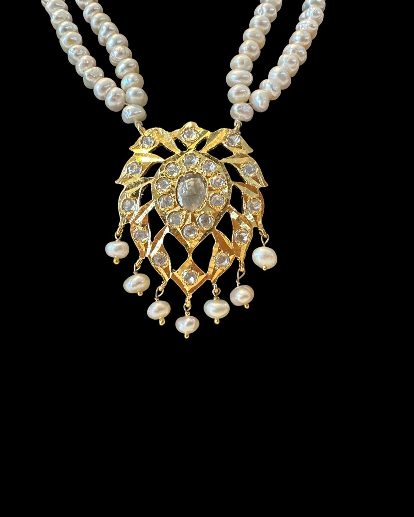 PS564 Aurora gold plated pendant set in moissanite and fresh water pearls ( READY TO SHIP )