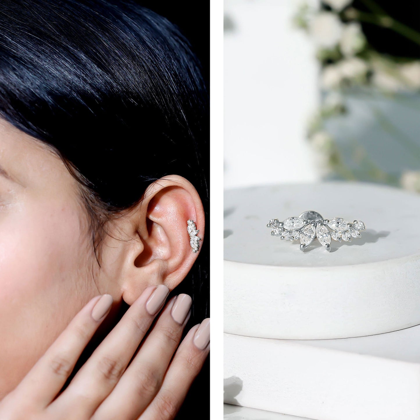 Certified Moissanite Cluster Crawler Earring for Helix Piercing