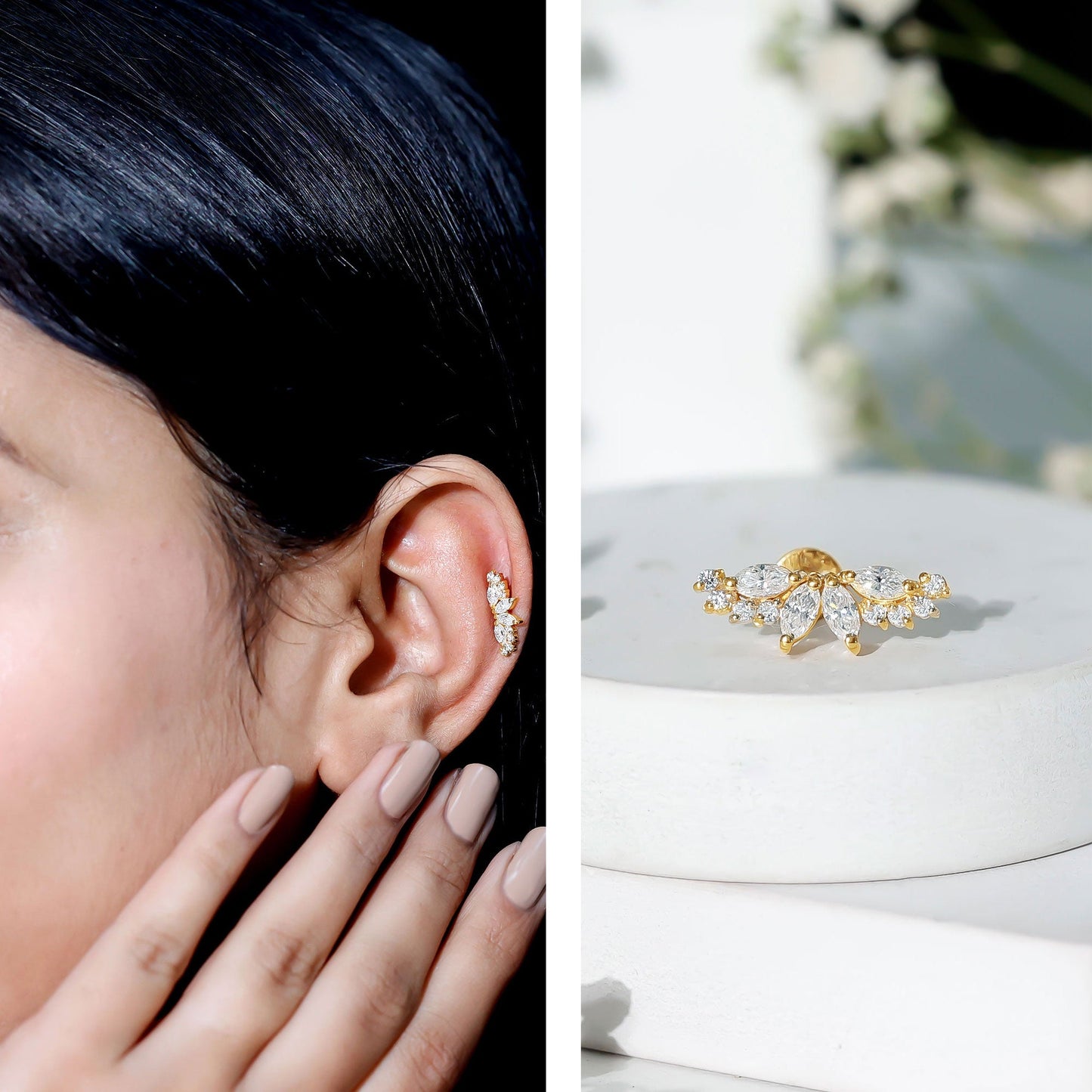 Certified Moissanite Cluster Crawler Earring for Helix Piercing