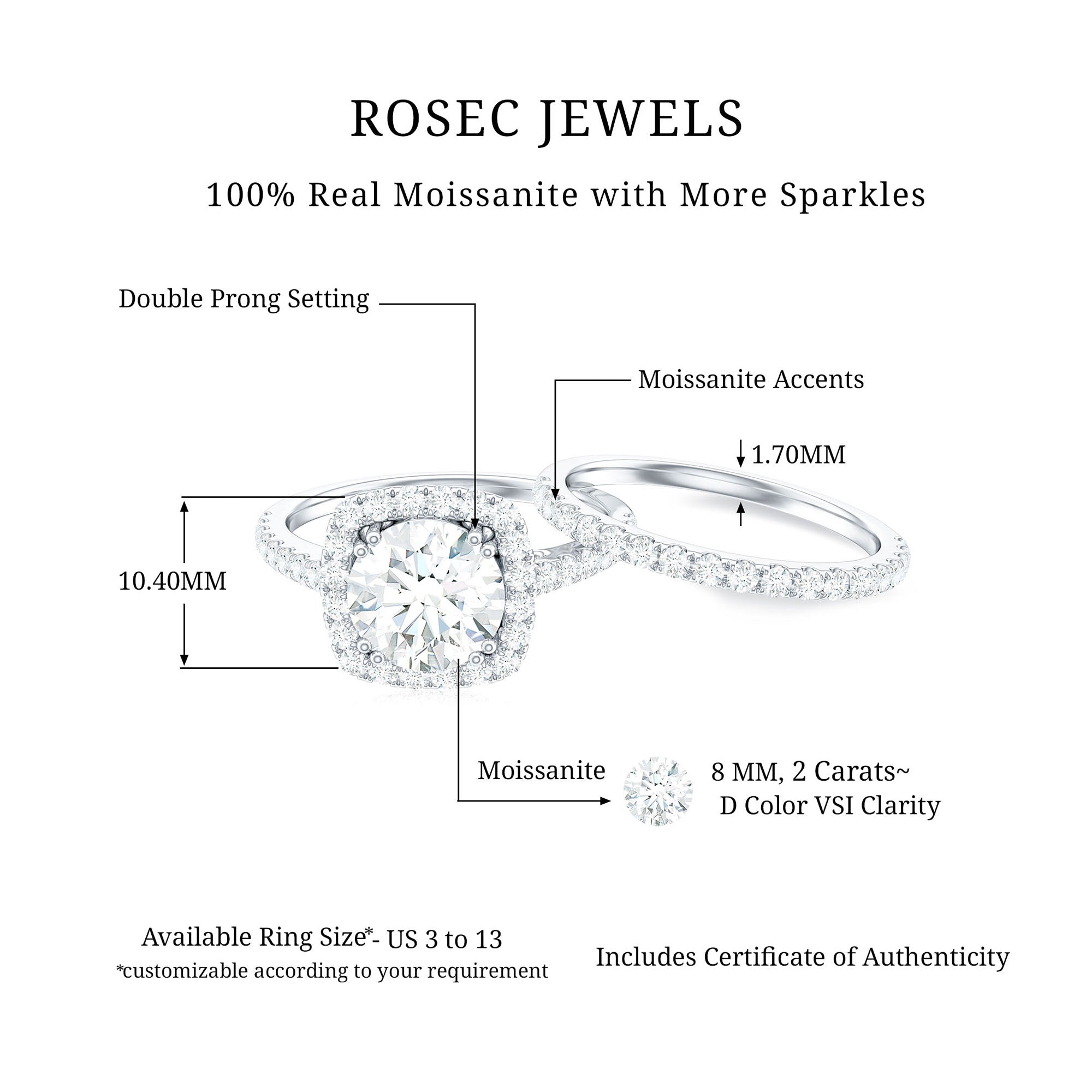3.25 CT Round Certified Moissanite Wedding Silver Ring Set with Halo