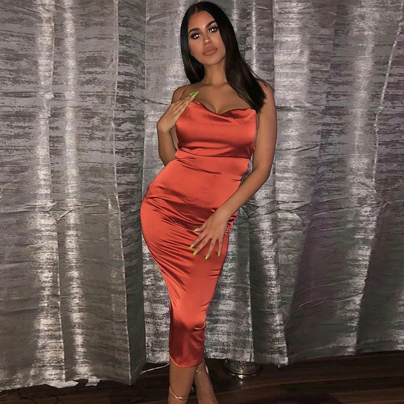 Neon Satin Lace-Up Bodycon Midi Dress — Women's