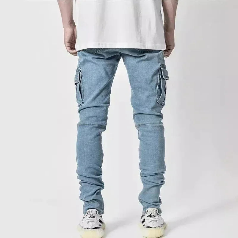 Men Street Elastic Denim Jeans Wash Solid Color Multi Pockets Cargo Pants Casual Slim Fit Daily Wear Joggers Mid Waist Trousers