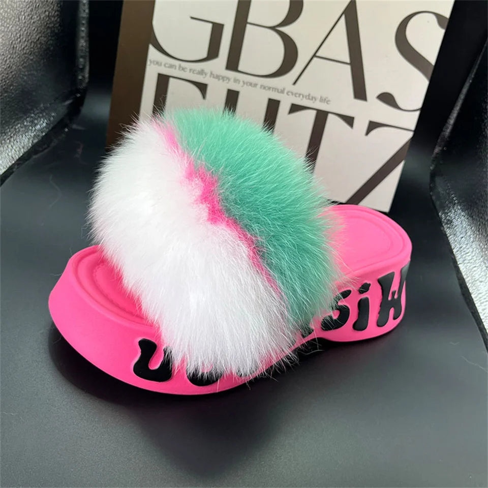 Women's Fox Fur Slippers Summer Open-Toe Fluffy Slippers Anti-Slip Shoes for Woman Sandals Fluffy Black Slides Fur Slides