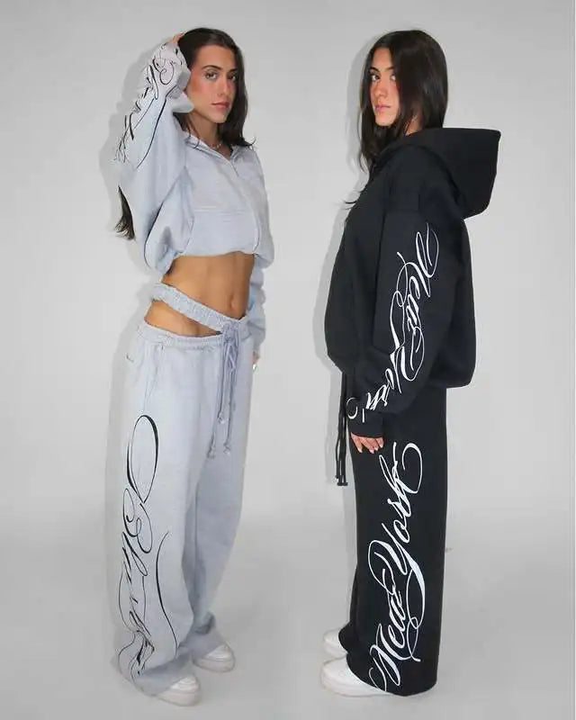 Grey Y2K Script Print Hoodie & Wide Leg Pants Set