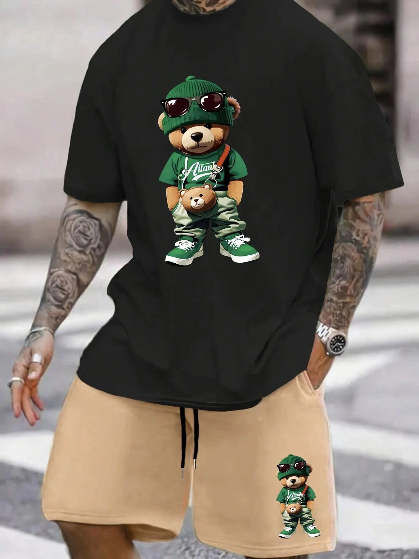Men's Hip-Hop Bear Print Quick-Dry Sports Set