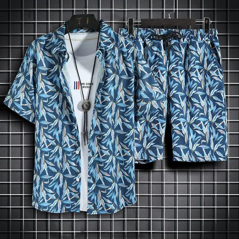 Men's Hawaiian Print Shirt & Shorts Beach Set