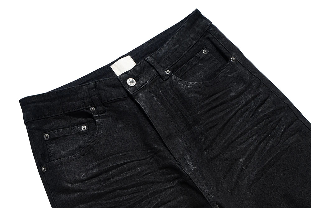Streetwear Black Glue Coated Boot Cut for Men and Women Straight Baggy Casual Flare Pants Oversized Loose Denim Trousers