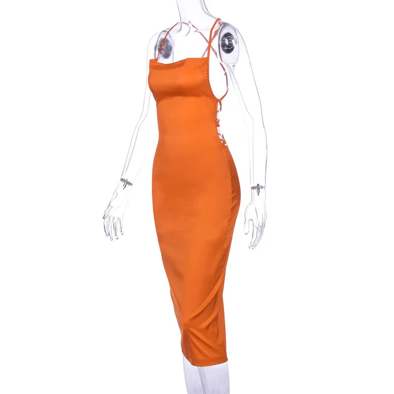 Neon Satin Lace-Up Bodycon Midi Dress — Women's