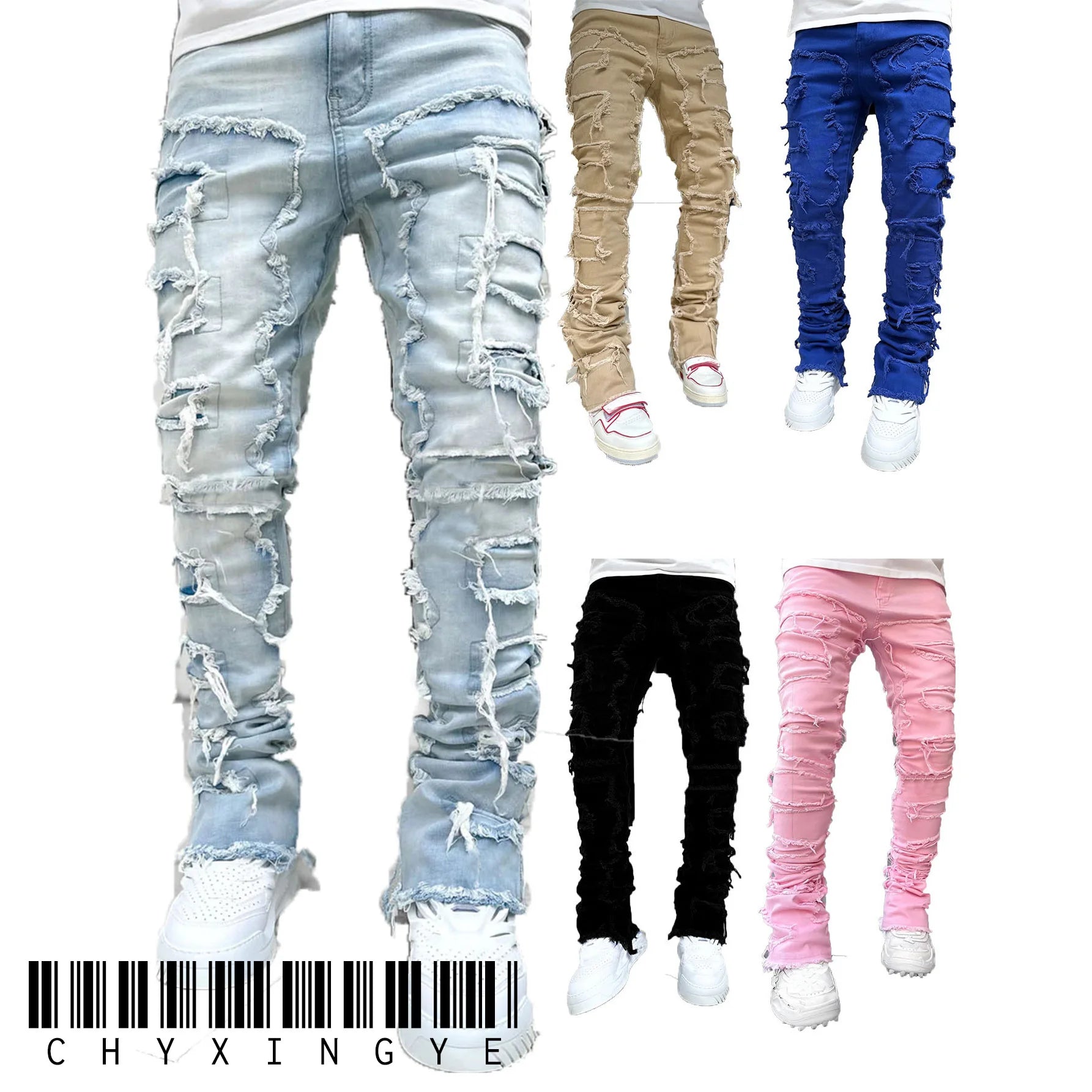 Men's Ripped Slim Fit Stacked Denim Jeans