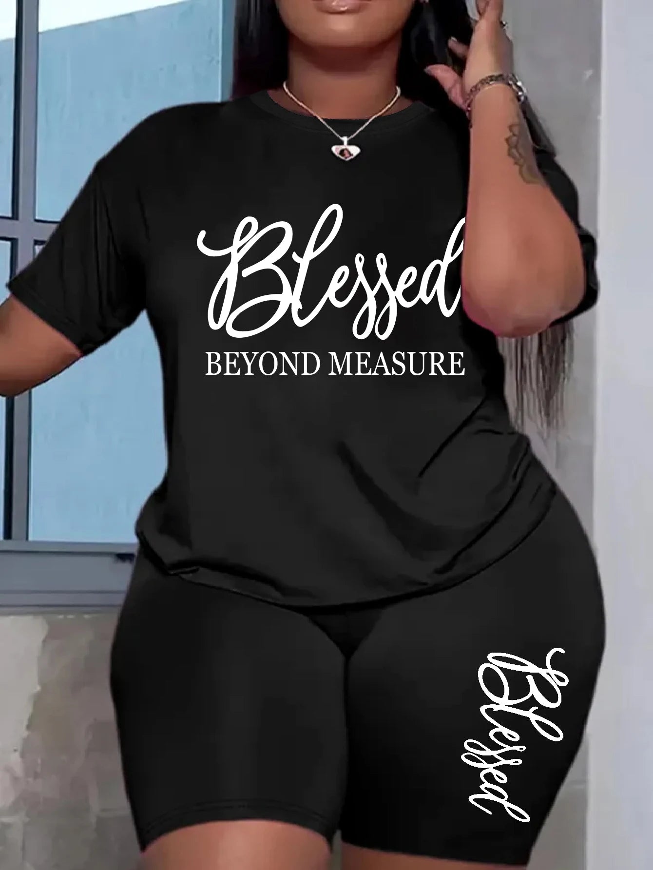 Plus Size Blessed Print Two-Piece Short Set — Women