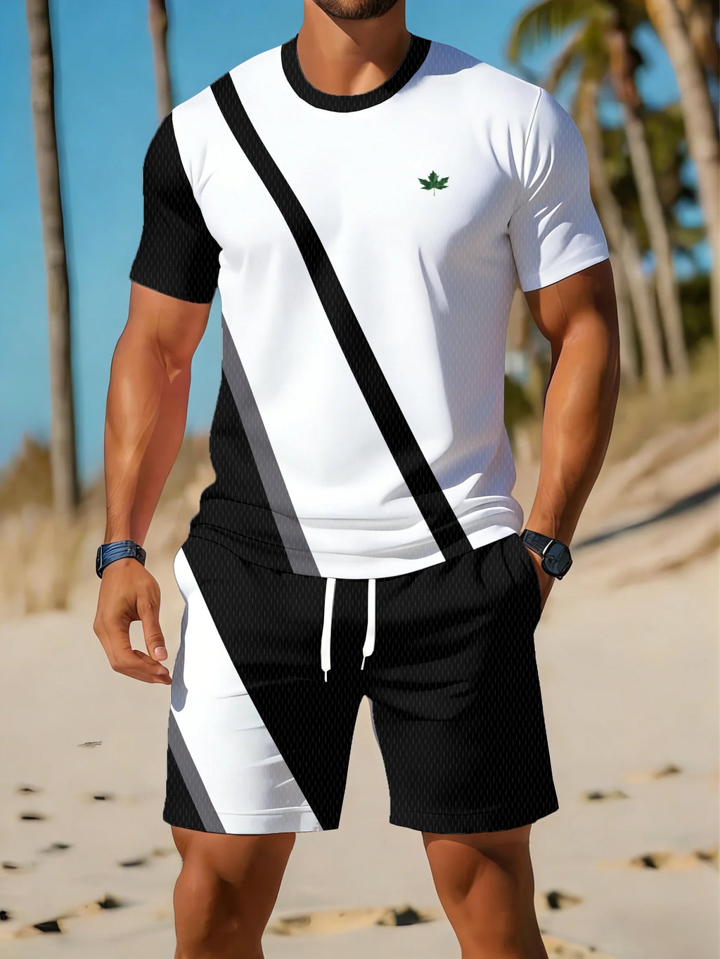 Men's Plus Size Striped Beach T-Shirt & Shorts Set
