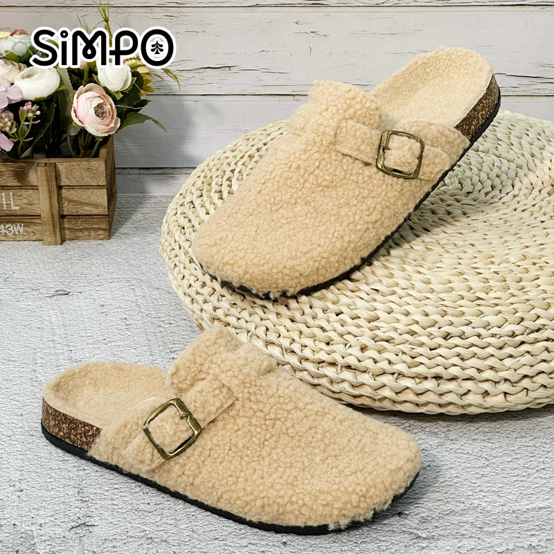 New Plush Closed-toe Slippers Retro Sandals Women Men's Indoor & Outdoor Slip-on Flat Shoes Suitable For Fall & Winter