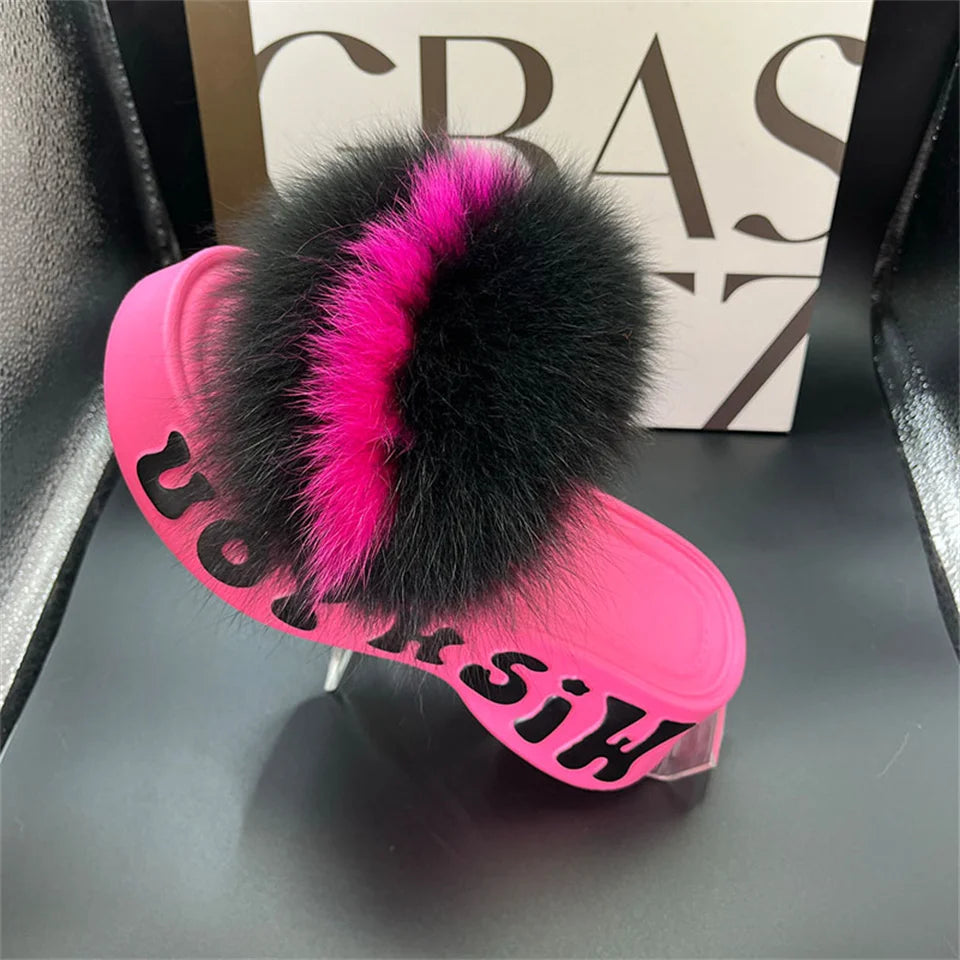 Women's Fox Fur Slippers Summer Open-Toe Fluffy Slippers Anti-Slip Shoes for Woman Sandals Fluffy Black Slides Fur Slides