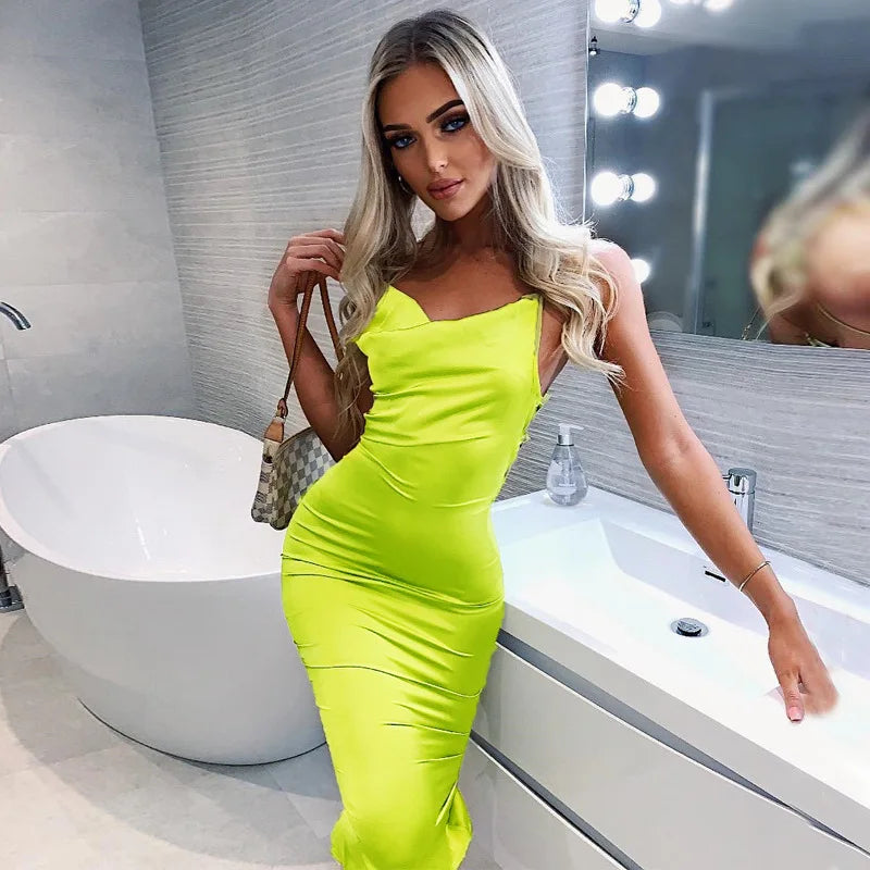 Neon Satin Lace-Up Bodycon Midi Dress — Women's