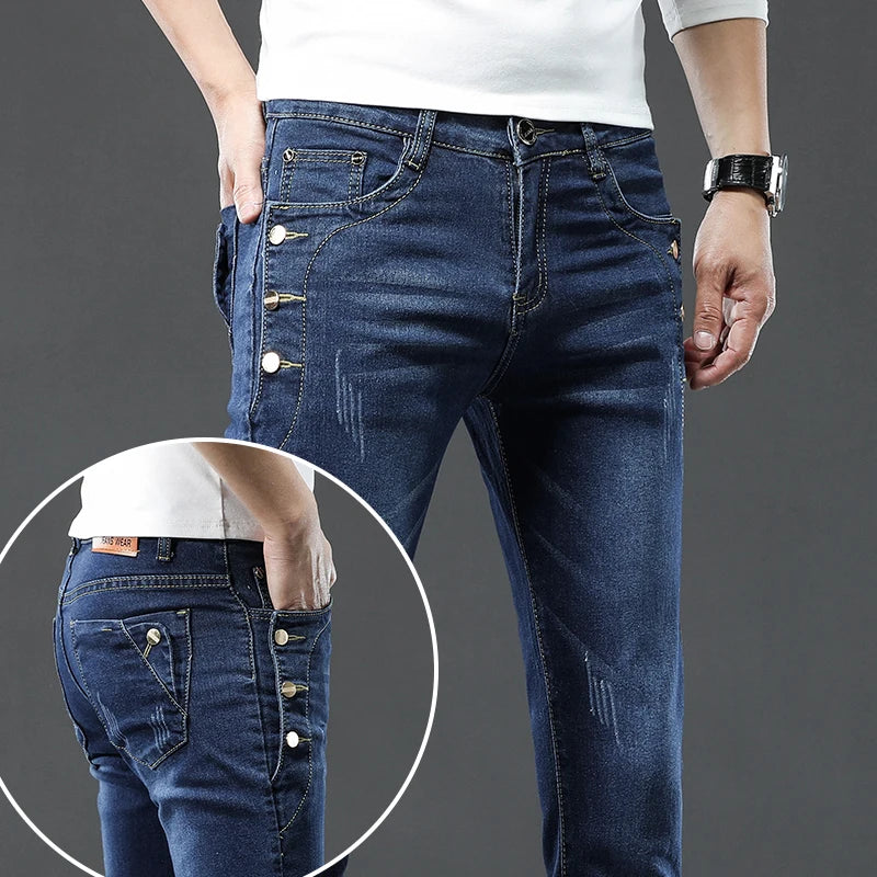 New Men Slim Korean Button Jeans Black Skinny Solid Color Stretch Multi-button Youth Male Denim Pants Streetwear