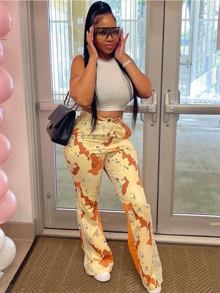 Y2K High Waist Print Flared Cargo Trousers — Women
