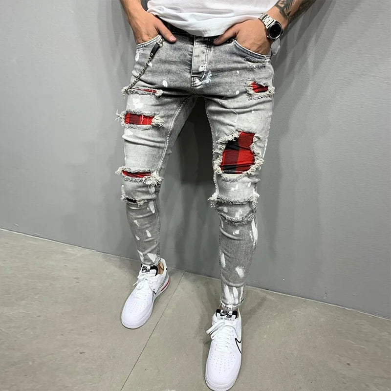 Grid Patch Ripped Slim Jeans