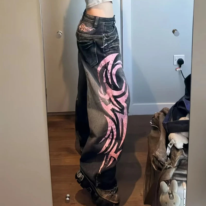 Totem Print Baggy Y2K Jeans