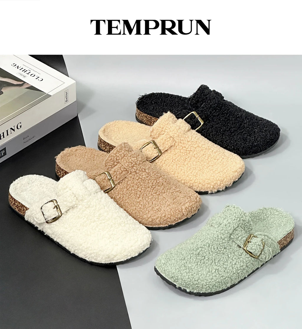 New Plush Closed-toe Slippers Retro Sandals Women Men's Indoor & Outdoor Slip-on Flat Shoes Suitable For Fall & Winter