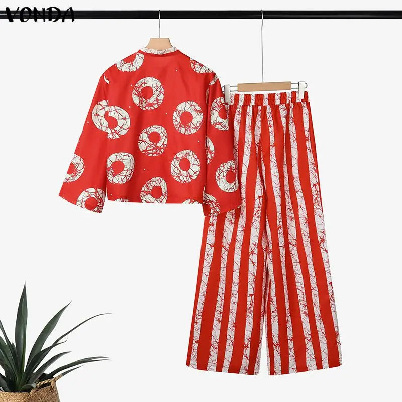 Plus Size Bohemian Print Shirt & Wide Leg Pants Set — Women