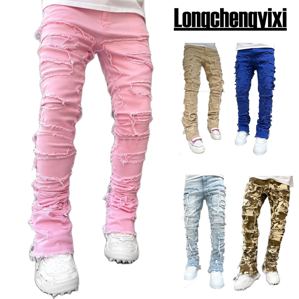 Men's Ripped Slim Fit Stacked Denim Jeans