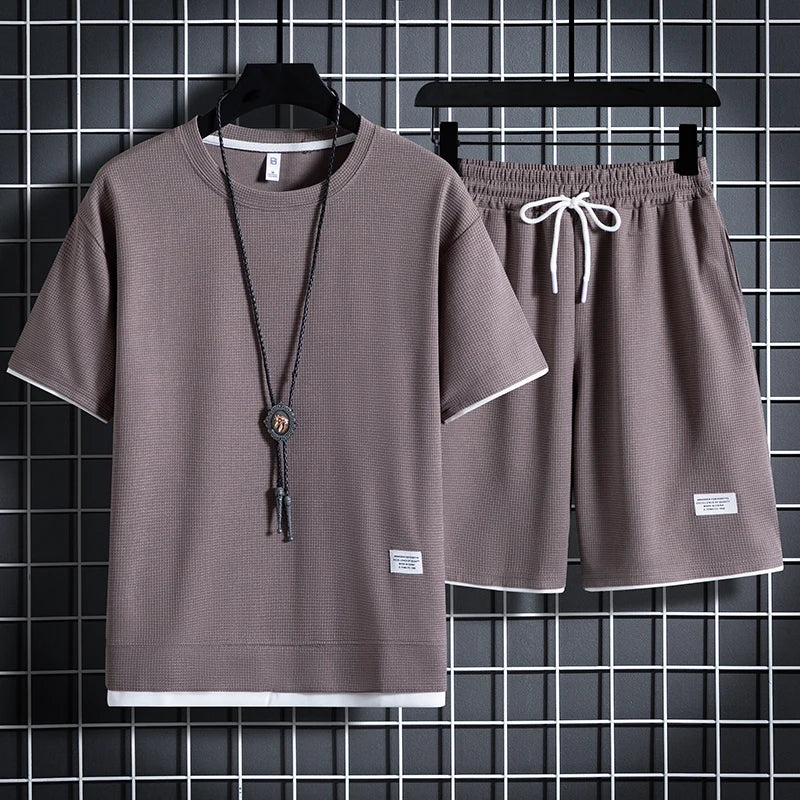 Men's Waffle T-Shirt & Shorts Tracksuit Set