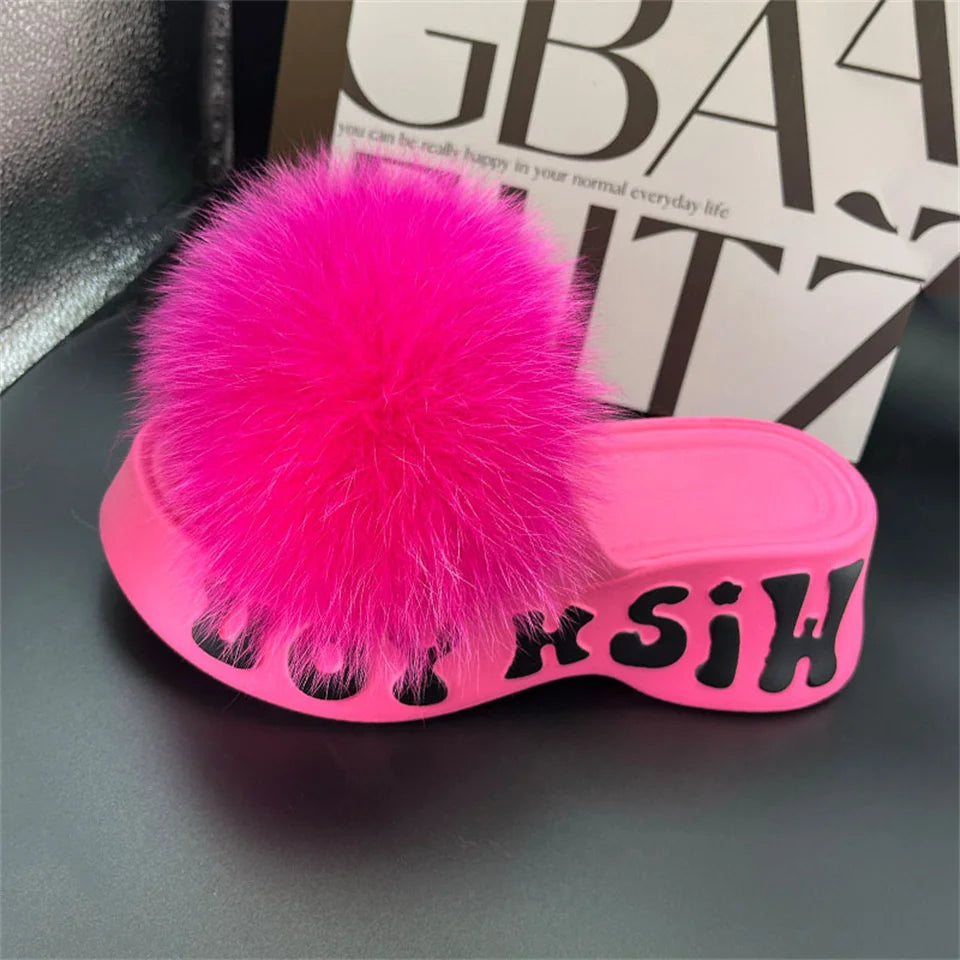 Women's Fox Fur Slippers Summer Open-Toe Fluffy Slippers Anti-Slip Shoes for Woman Sandals Fluffy Black Slides Fur Slides