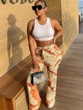 Y2K High Waist Print Flared Cargo Trousers — Women