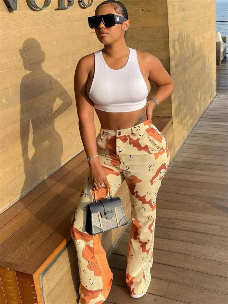 Y2K High Waist Print Flared Cargo Trousers — Women