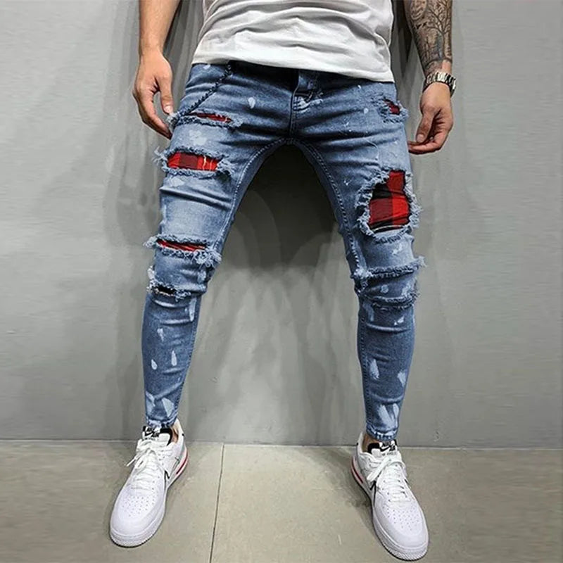 Grid Patch Ripped Slim Jeans