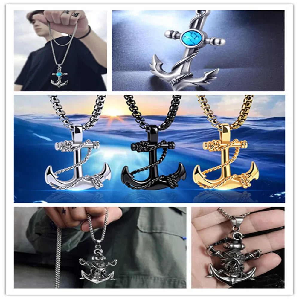 Wu's 2022 Double Sword Pirate Titanium Steel Necklace Retro Halloween Skull Ghost Head Anchor Necklace Imitation Turquoise Ancho