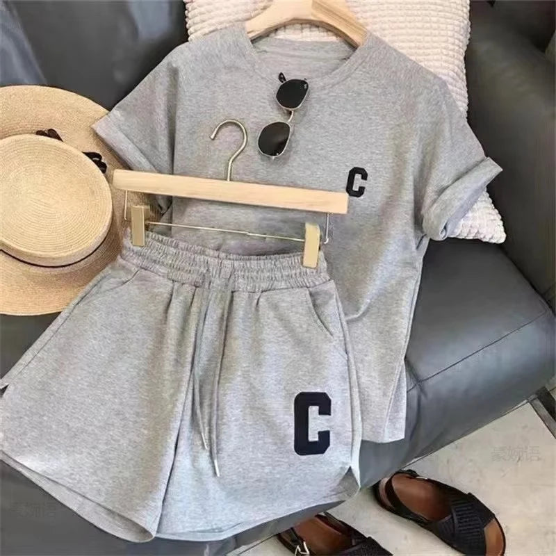 Women's Print Letter T-Shirt & Shorts Two-Piece Set