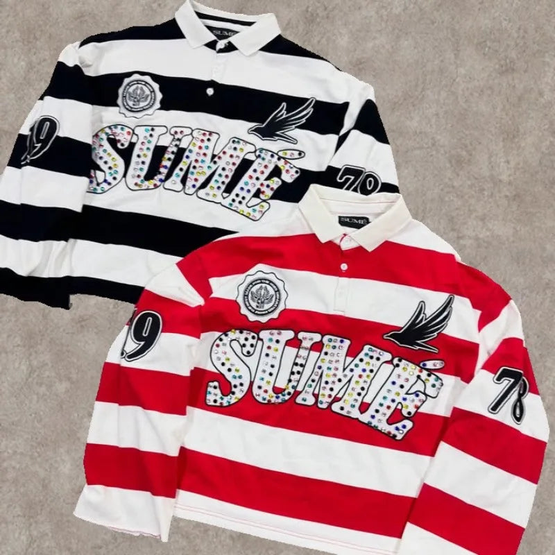 Y2K Stripe Embroidery Long Sleeve Polo