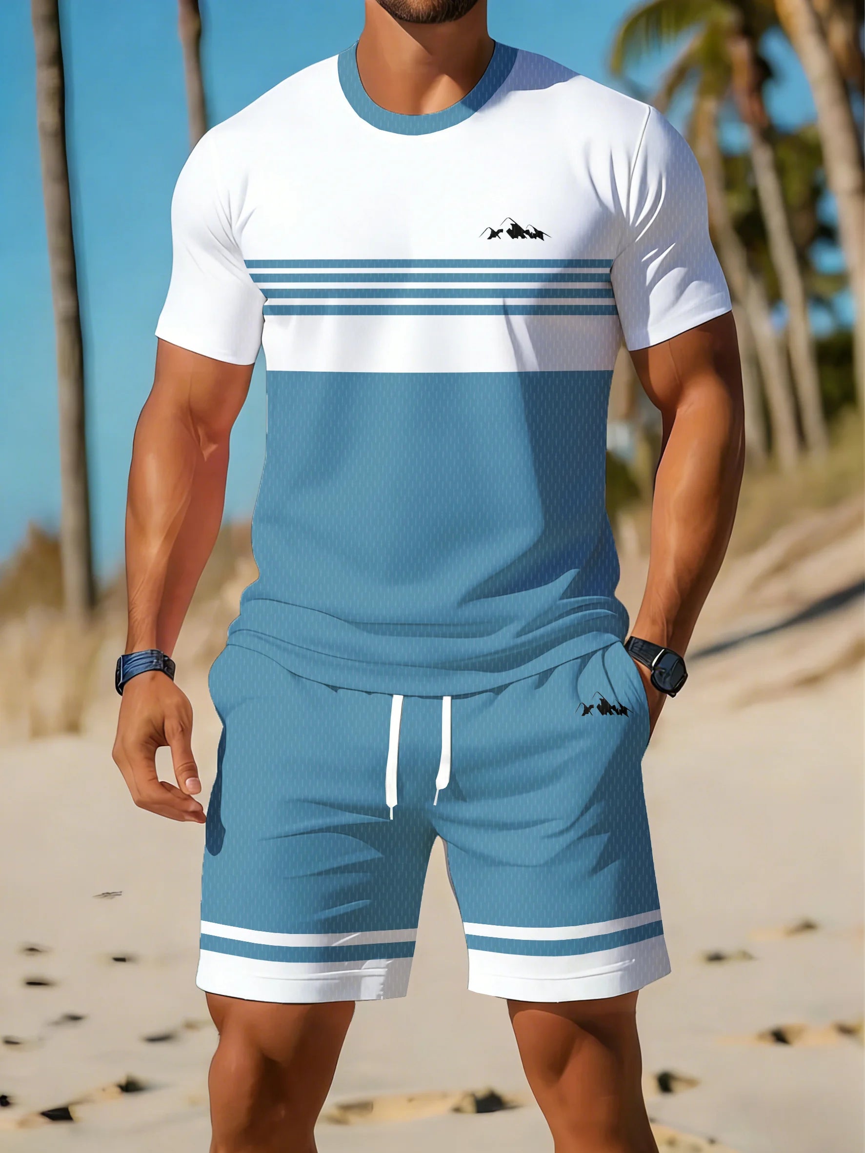Men's Striped Print T-Shirt & Shorts Beach Set
