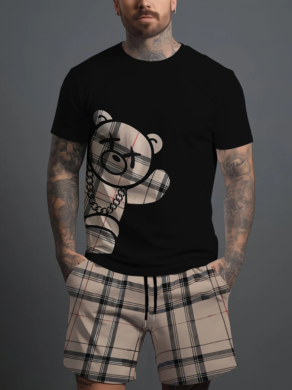 Men's Hip-Hop Bear Print Quick-Dry Sports Set