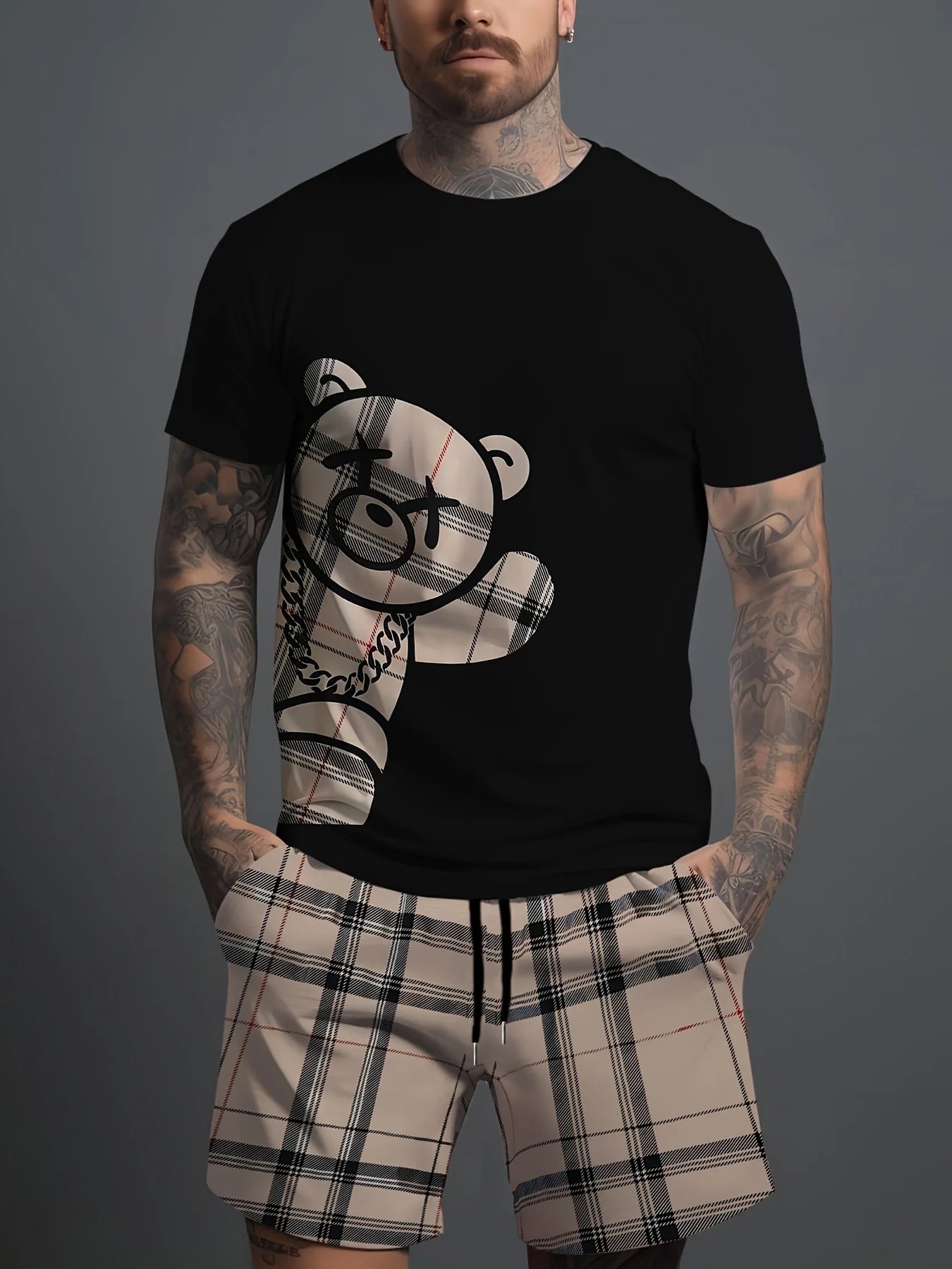 Men's Hip-Hop Bear Print Quick-Dry Sports Set
