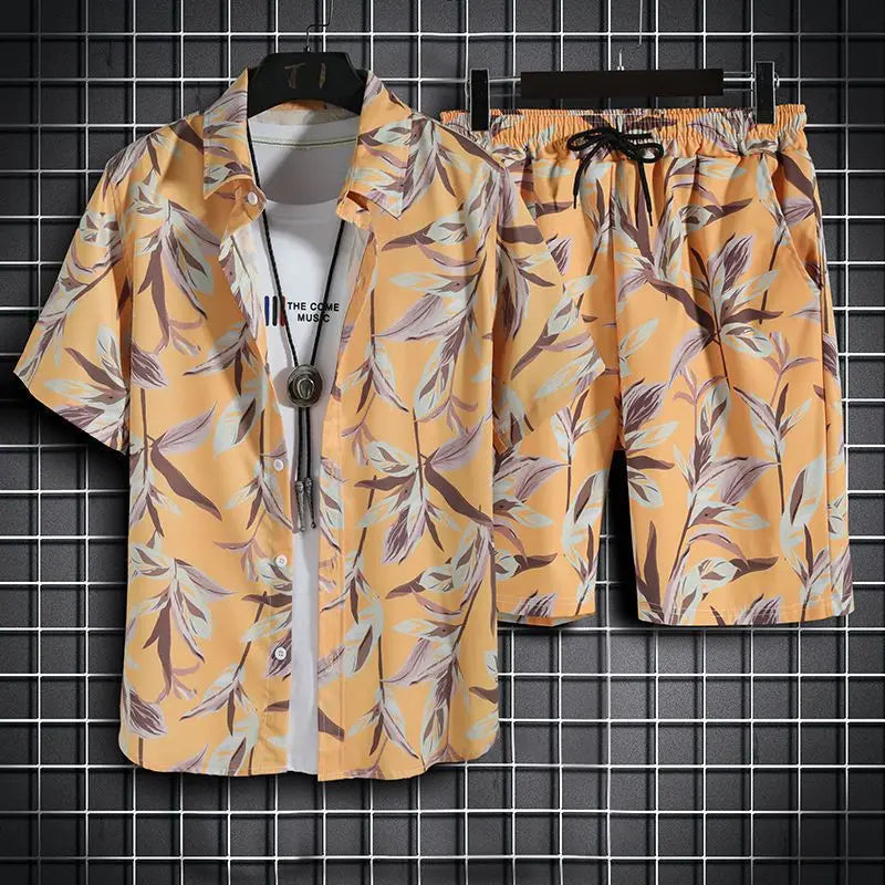 Men's Hawaiian Print Shirt & Shorts Beach Set
