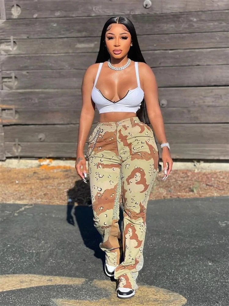 Y2K High Waist Print Flared Cargo Trousers — Women