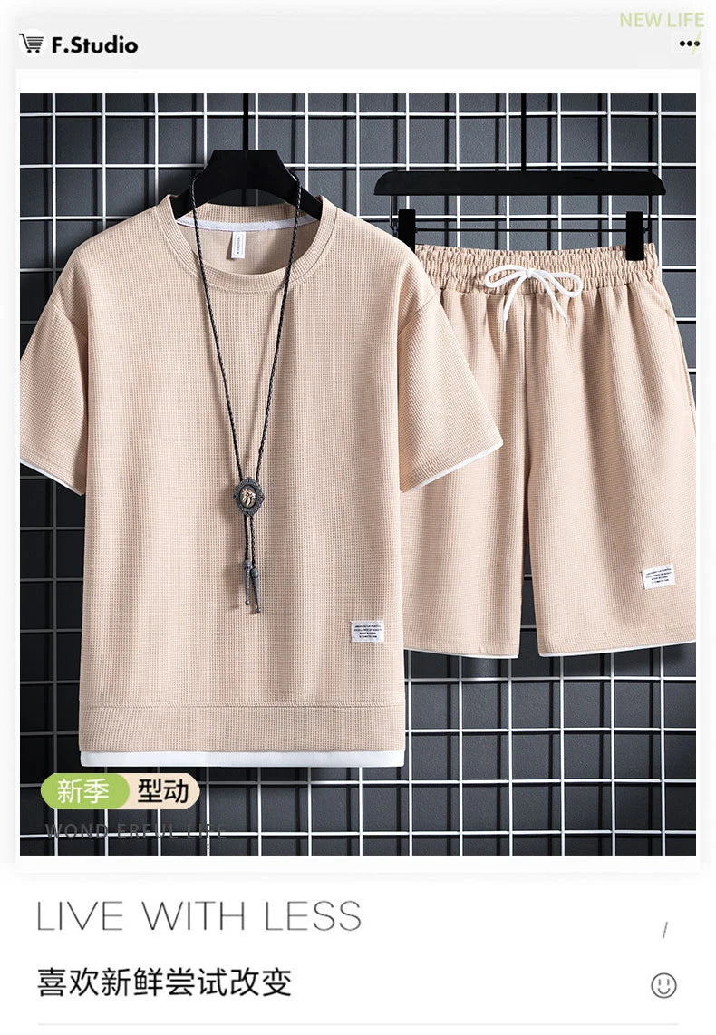 Men's Waffle T-Shirt & Shorts Tracksuit Set