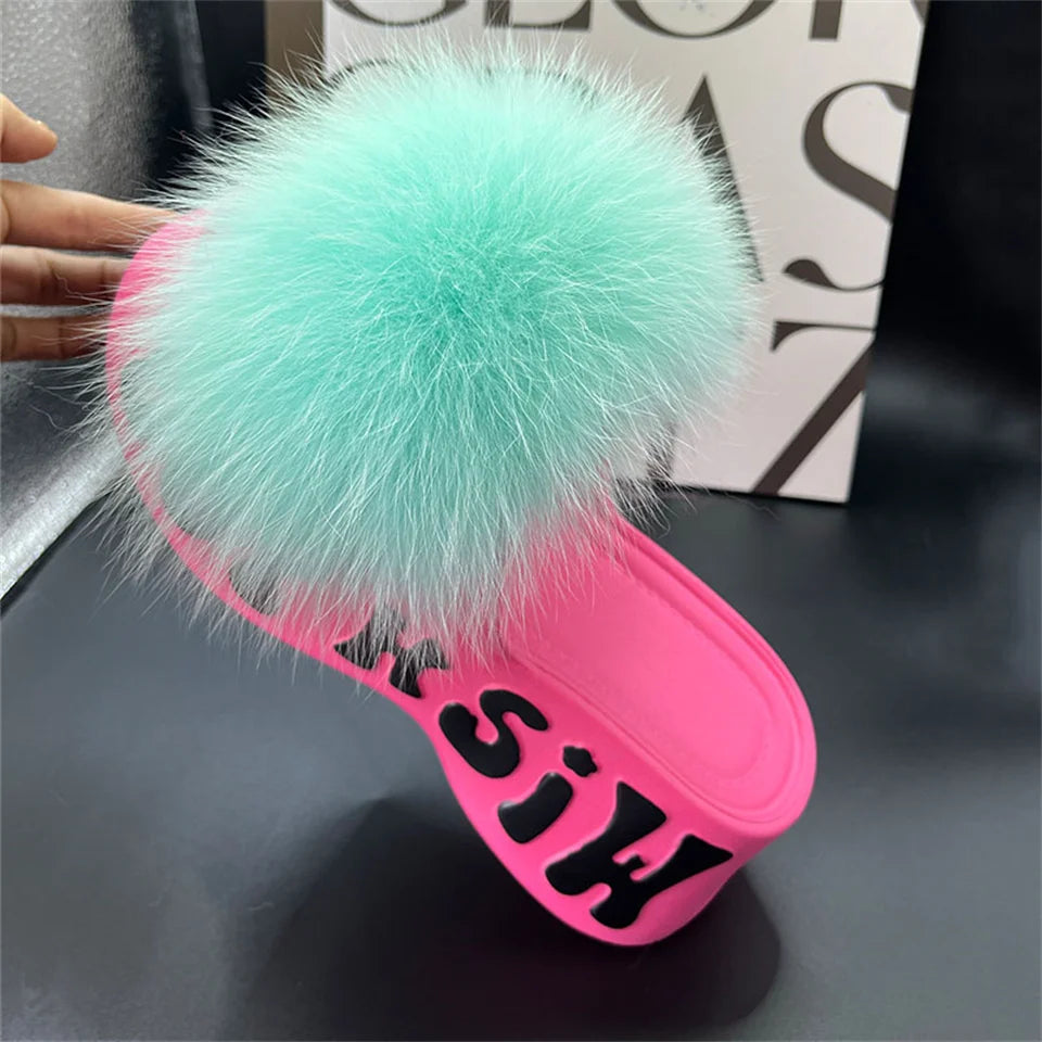 Women's Fox Fur Slippers Summer Open-Toe Fluffy Slippers Anti-Slip Shoes for Woman Sandals Fluffy Black Slides Fur Slides
