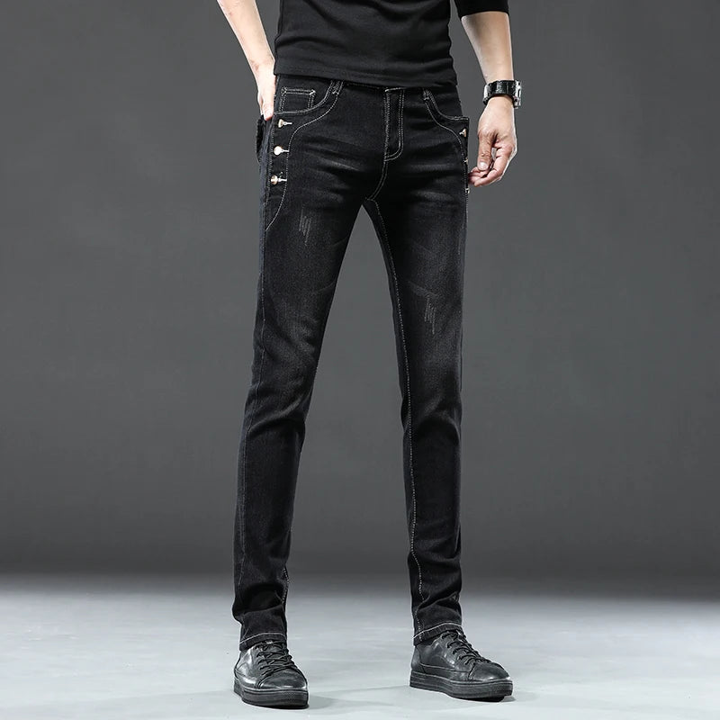 New Men Slim Korean Button Jeans Black Skinny Solid Color Stretch Multi-button Youth Male Denim Pants Streetwear