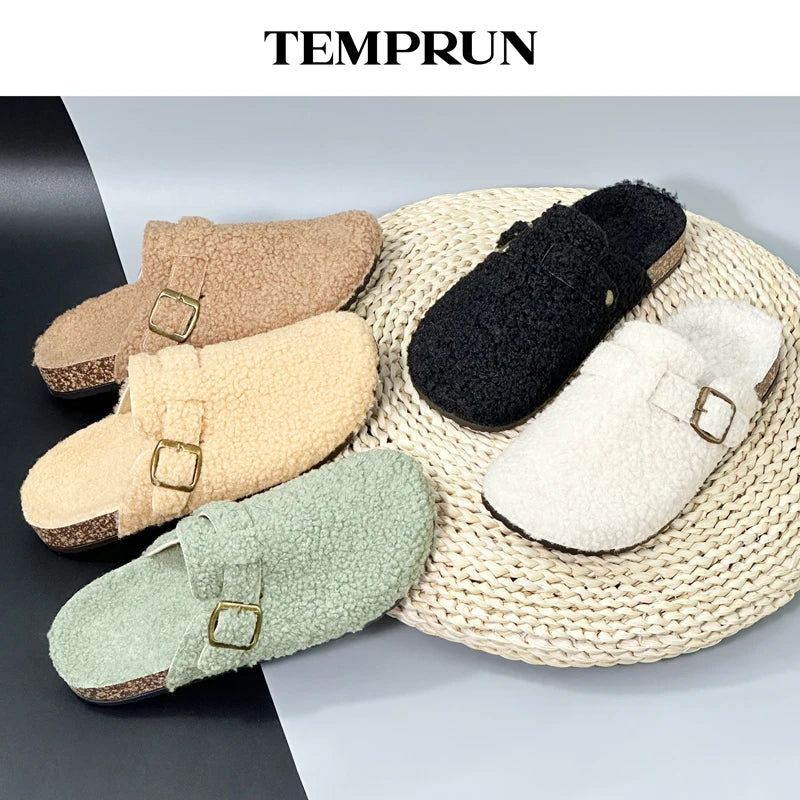 New Plush Closed-toe Slippers Retro Sandals Women Men's Indoor & Outdoor Slip-on Flat Shoes Suitable For Fall & Winter