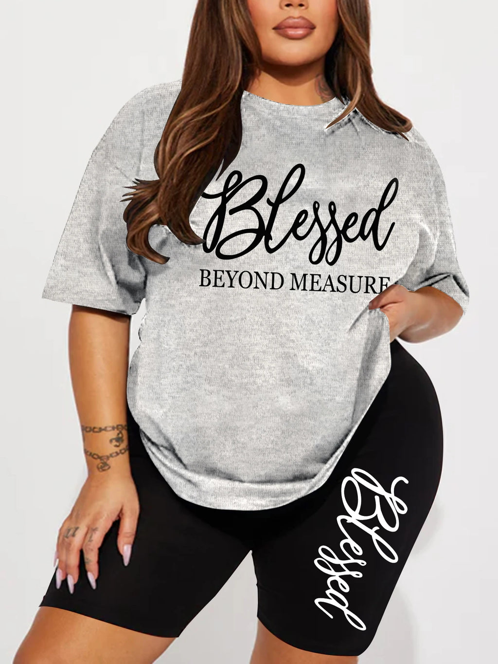 Plus Size Blessed Print Two-Piece Short Set — Women