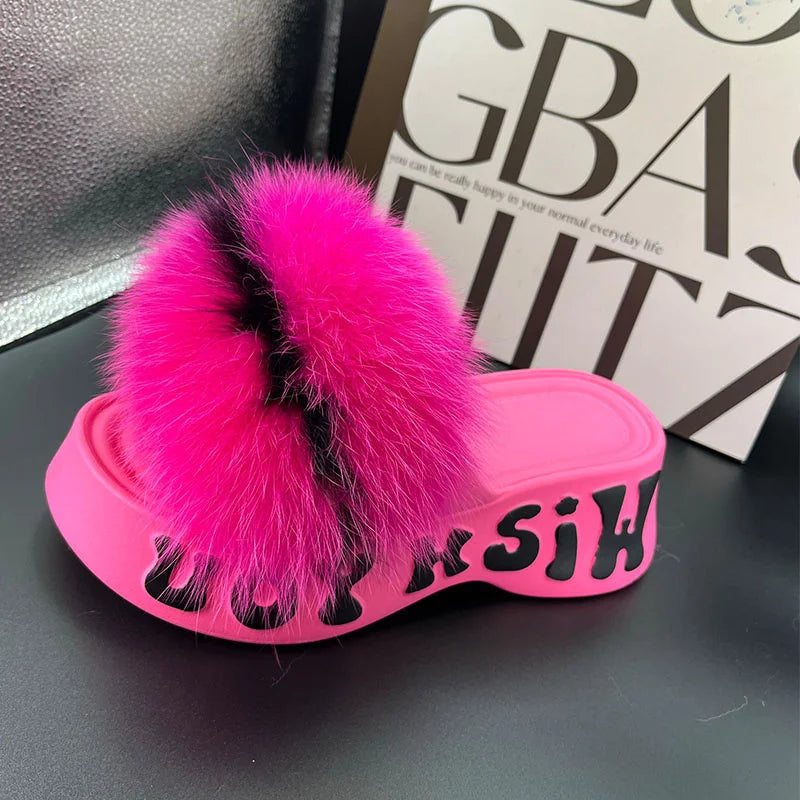 Women's Fox Fur Slippers Summer Open-Toe Fluffy Slippers Anti-Slip Shoes for Woman Sandals Fluffy Black Slides Fur Slides