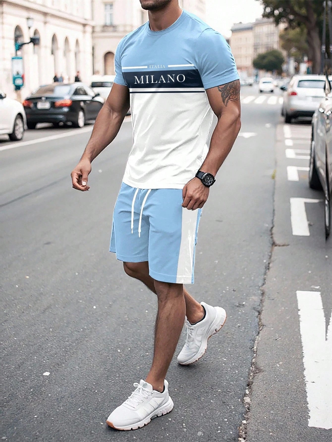 Men's Stripe Letter Print Oversized T-Shirt & Shorts Set