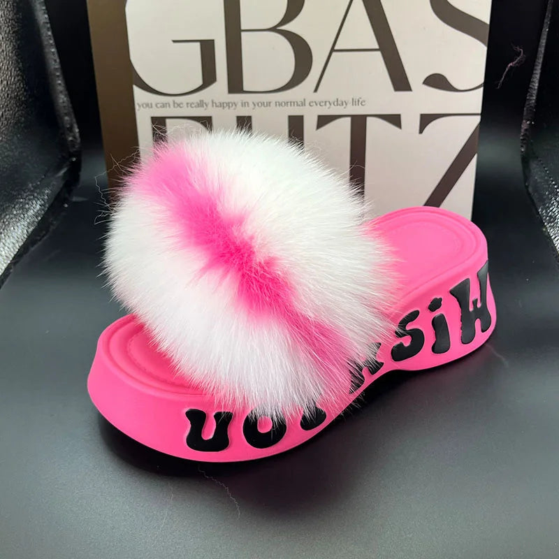 Women's Fox Fur Slippers Summer Open-Toe Fluffy Slippers Anti-Slip Shoes for Woman Sandals Fluffy Black Slides Fur Slides