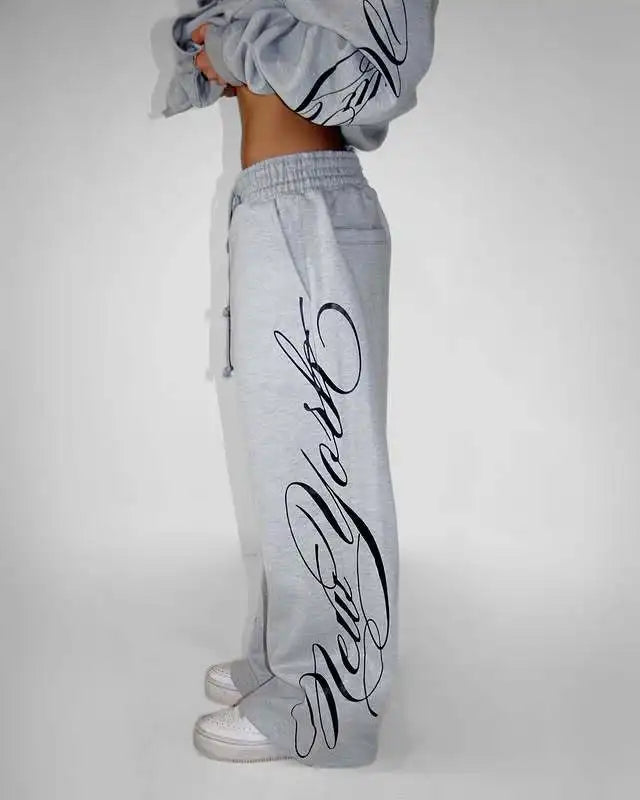 Grey Y2K Script Print Hoodie & Wide Leg Pants Set